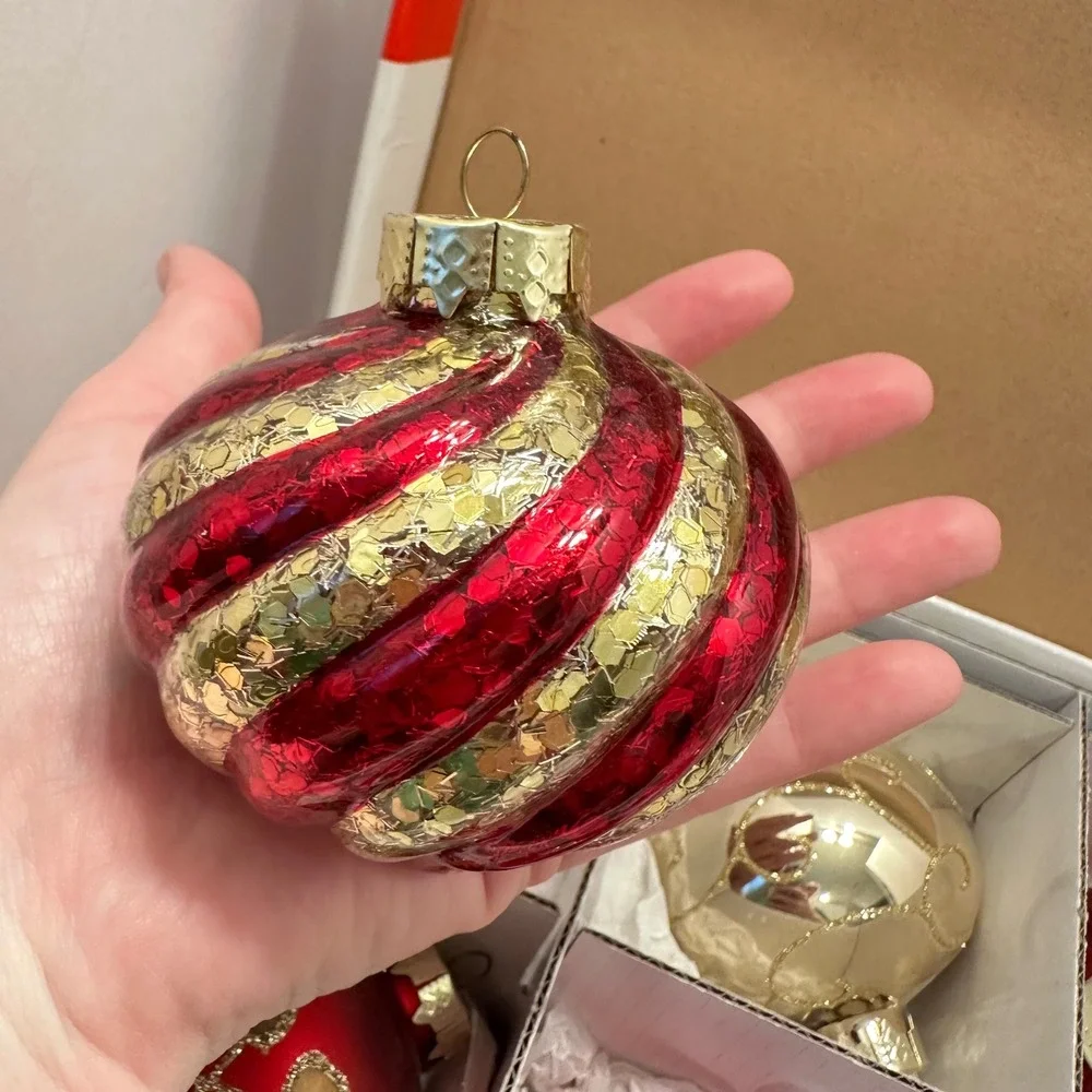 Winter Lane Red Gold Glass Christmas Ornaments Set of 20 Glitter Sequin Assorted
